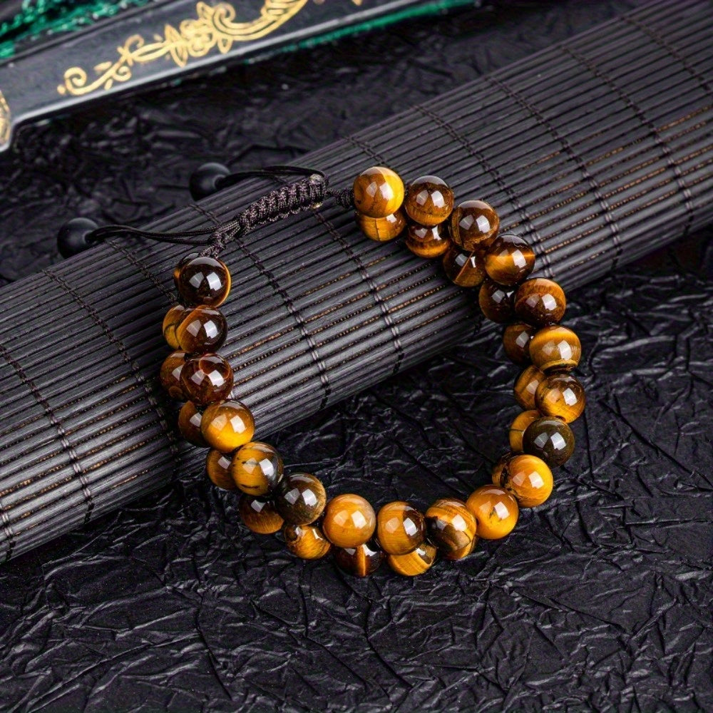 Double Tiger's Eye Beaded Bracelet - Hand-woven Natural Stone for Unisex Energy Balance & Protection
