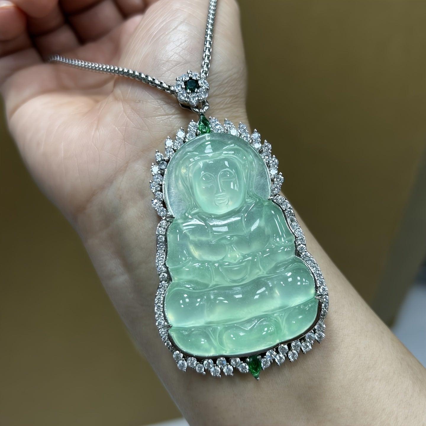 Elegant Icy Green Aquamarine Guanyin Pendant for Serenity, Healing & Spiritual Protection
