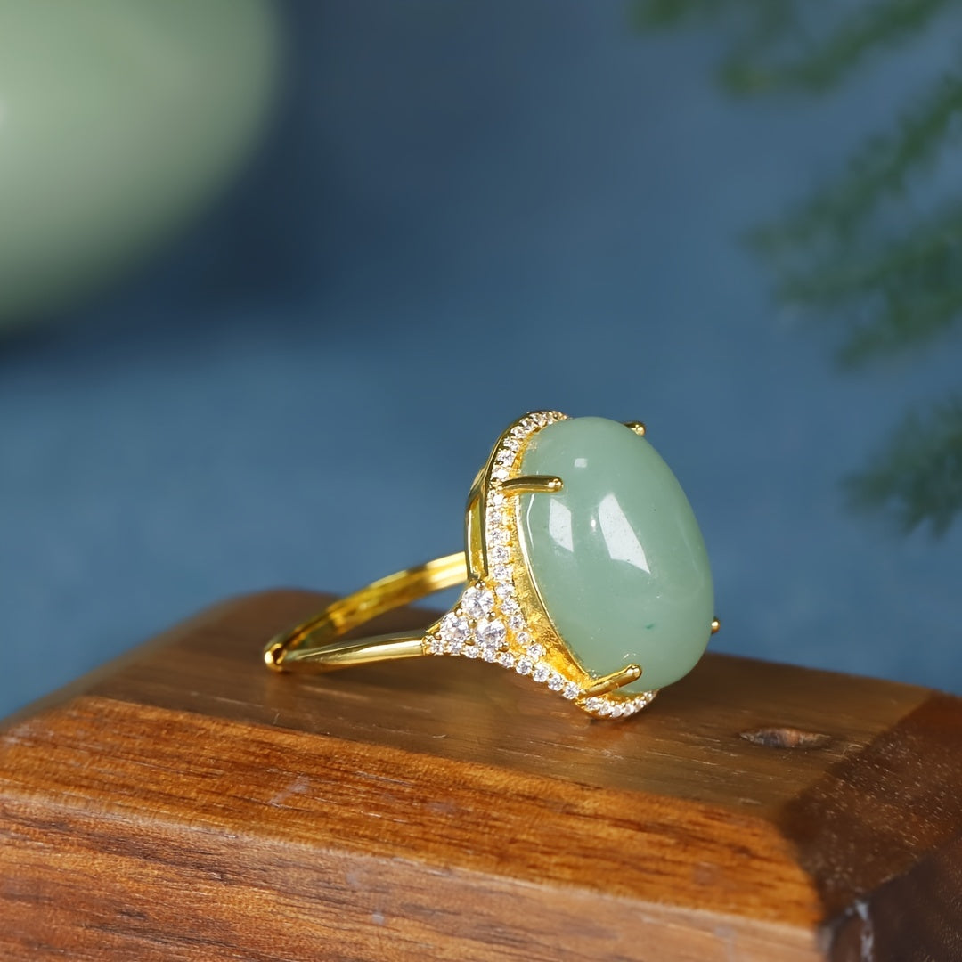 Vintage Style Oval Green Aventurine Open Ring | Gold-Plated Adjustable Gemstone Jewelry for Harmony & Abundance