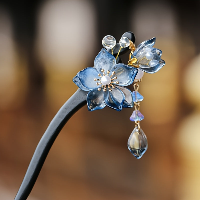 Handmade Recycled Wood Glazed Flower Hairpin - Blue Floral Hairpin with Teardrop Accents for Cheongsam & Hanfu - Traditional Chinese Hair Accessory with Positive Energy