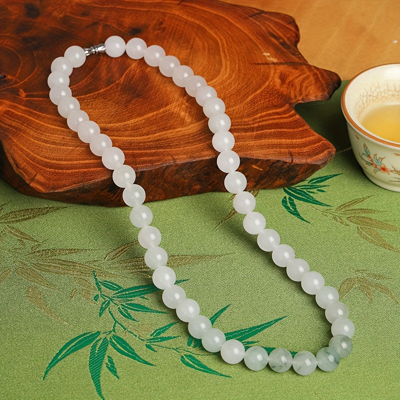 Natural White Jade Beaded Necklace for Men, Elegant Unisex Style, Calming Energy & Inner Peace