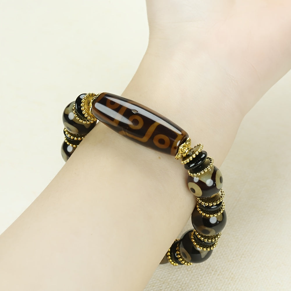 Three-Eyed Dzi Agate Bracelet for Spiritual Protection, Grounding, and Prosperity