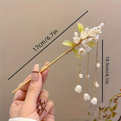 Tassel Habohemian ethnic design, mind-body-spirit balance, golden metal design, white pearl accents, green leaf motifs, imitation pearls, detailed craftsmanship, weddings and formal events, sirpin - Bohemian Ethnic Design for Mind-Body-Spirit Balance