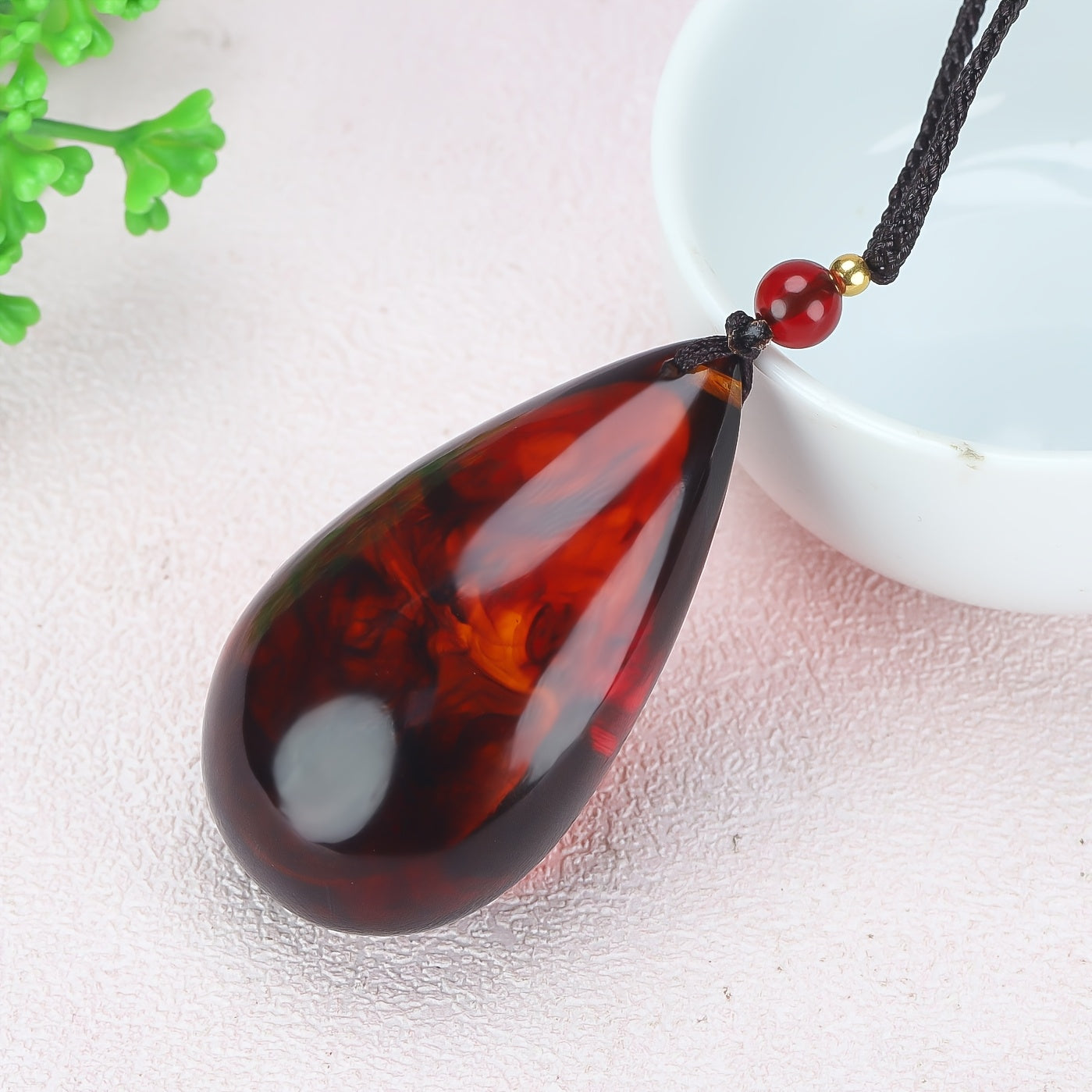 Vintage Amber Teardrop Pendant Necklace - Natural Bloodstone for Energy & Protection | Spiritual Jewelry with Ancient Wisdom