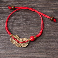 Red Braided Coin Charm Bracelet - Traditional Chinese Accessory for Luck & Prosperity