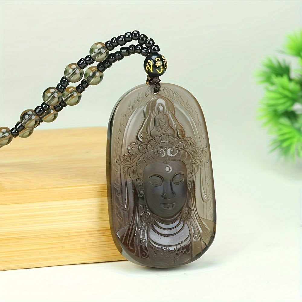 Detailed carving of Guanyin on frosted surface