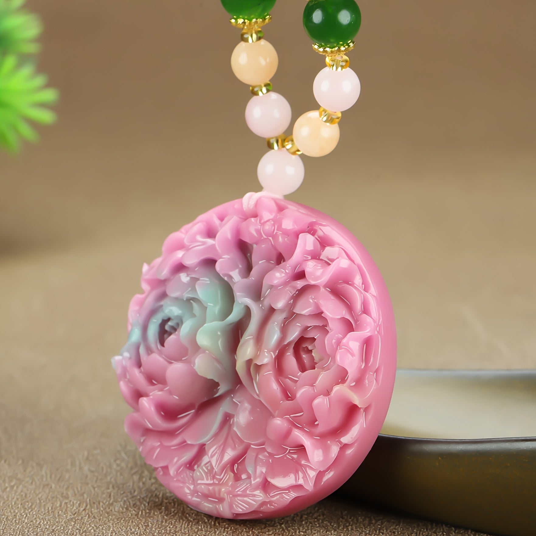 Bohemian Natural Stone Floral Pendant Necklace showcasing pink stone and golden accents