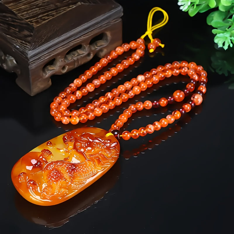 Natural Amber Dragon Pendant Necklace showcasing detailed carving
