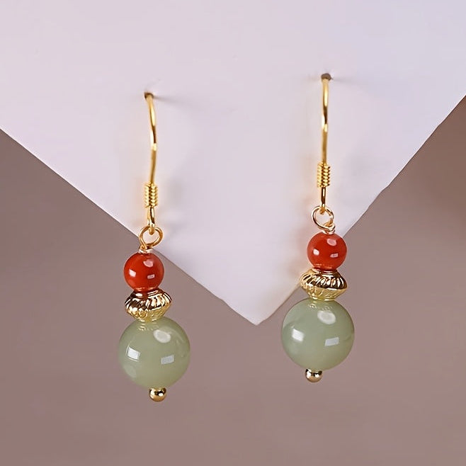 Natural South Red Agate Earrings - Vintage Dangle Design with Green-Red Stone for Energy Balance & Daily Elegance