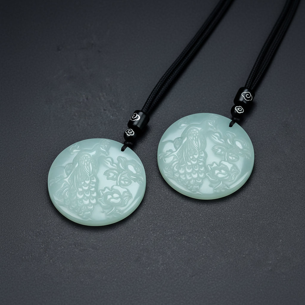 Natural Stone Carved Peacock Pendant detailed view