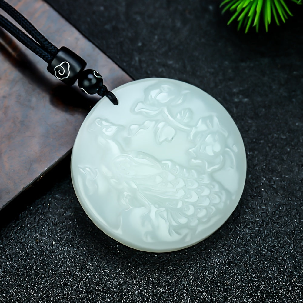 Close-up of peacock pendant carving details