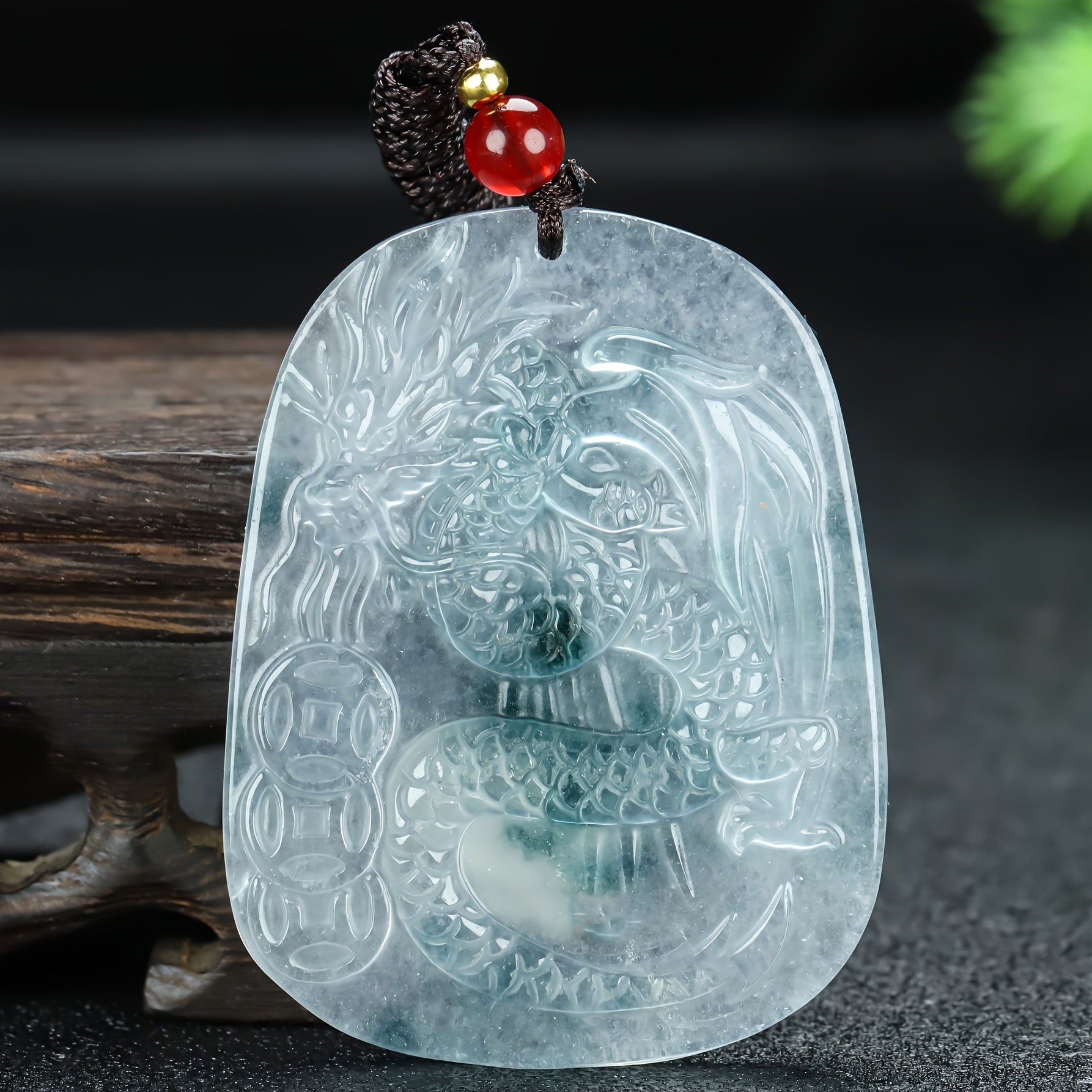 Artistic shot of the dragon pendant emphasizing its symbolism and craftsmanship