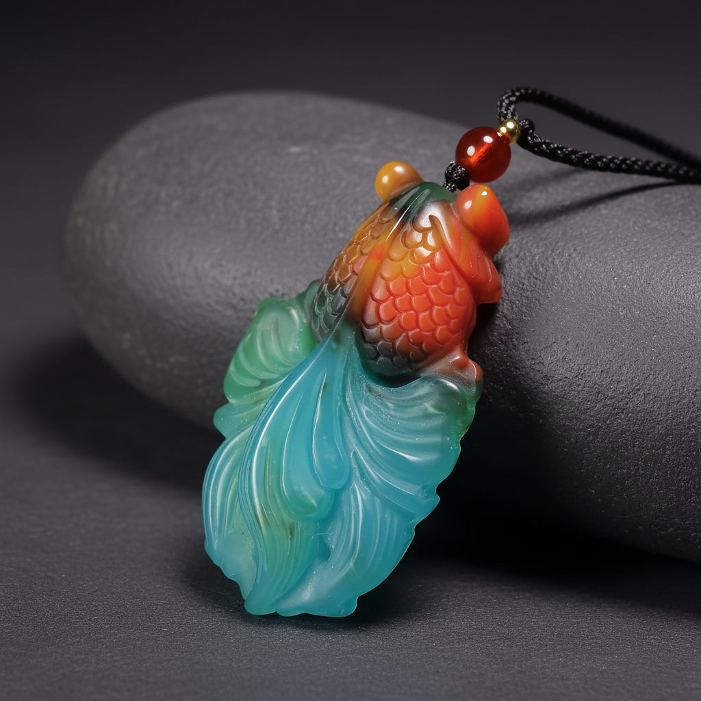 Side view of goldfish pendant showing dimensional depth