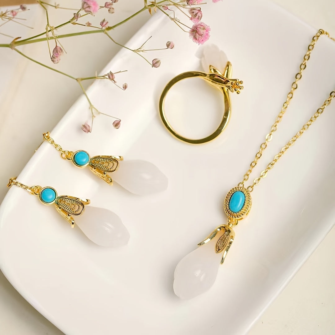 Sheep Fat White Jade Orchid Ring with Turquoise | Elegant Feng Shui Jewelry for Peace & Wisdom