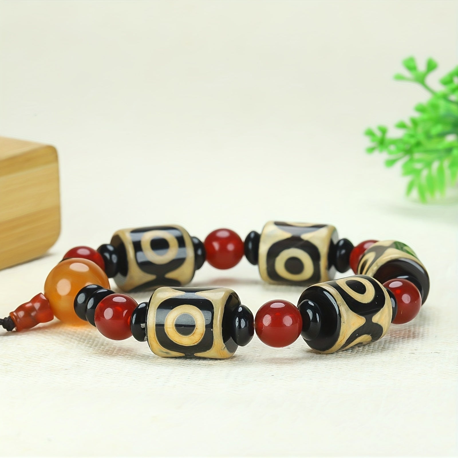 Three-Eyed Dzi Bead Bracelet for Spiritual Protection, Inner Peace, and Energetic Balance