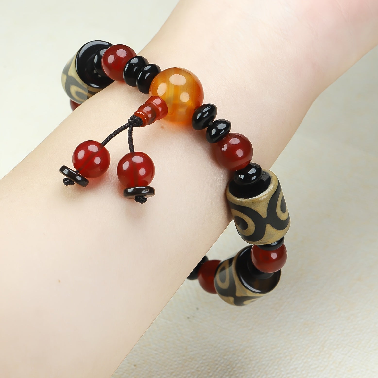 Three-Eyed Dzi Bead Bracelet for Spiritual Protection, Inner Peace, and Energetic Balance