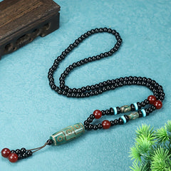 Tibetan Black Agate Necklace with Green Dzi Bead for Protection, Wealth, and Spiritual Balance