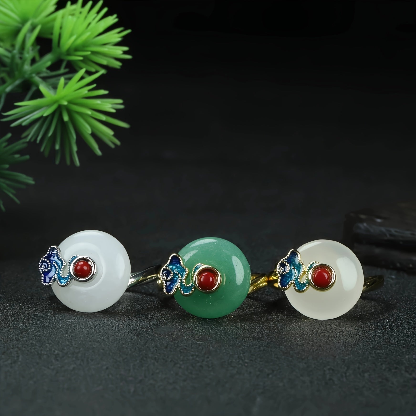 Vintage Cloisonné Ring with intricate auspicious cloud patterns and natural stone center