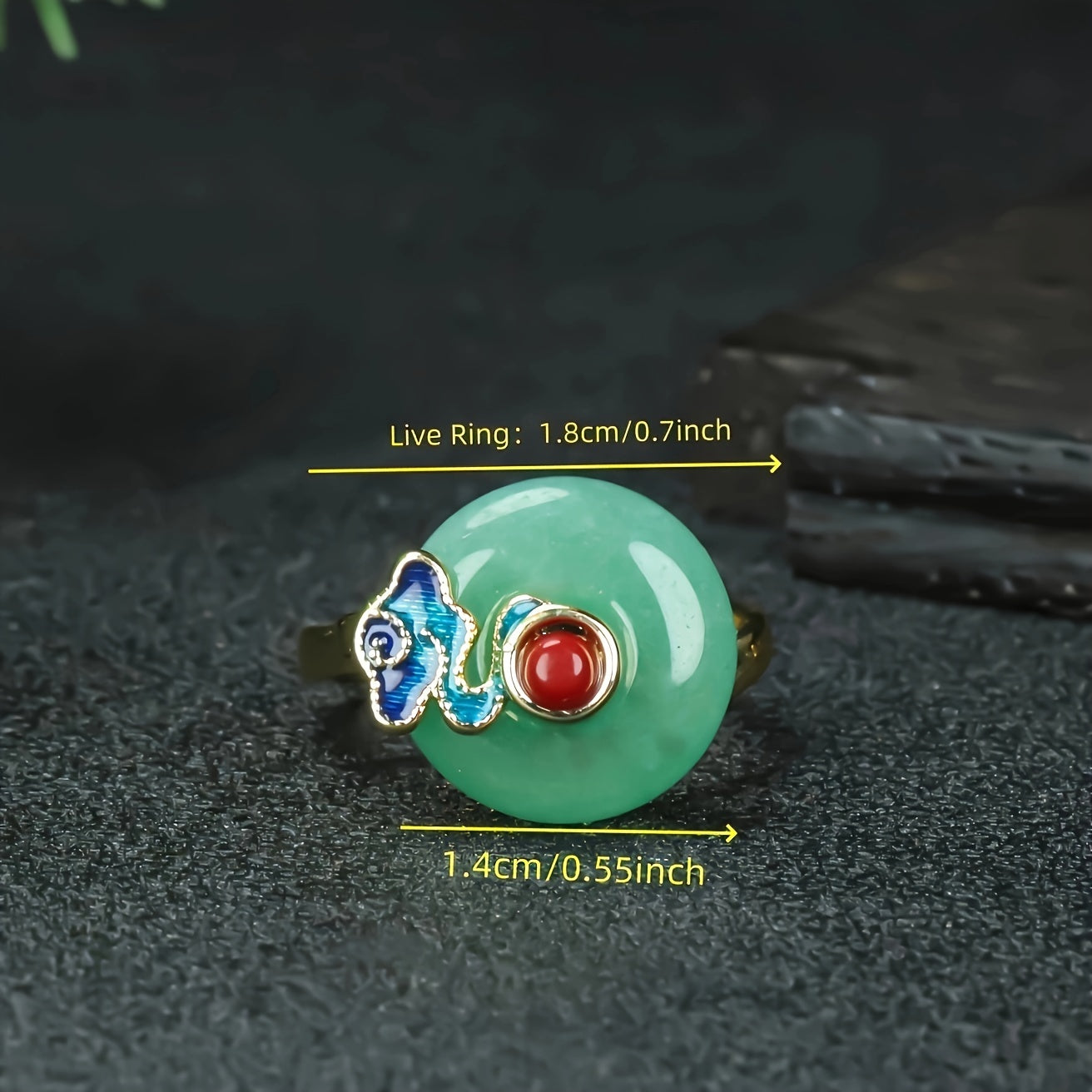 Cloisonné ring on hand showing dimensional profile and craftsmanship details