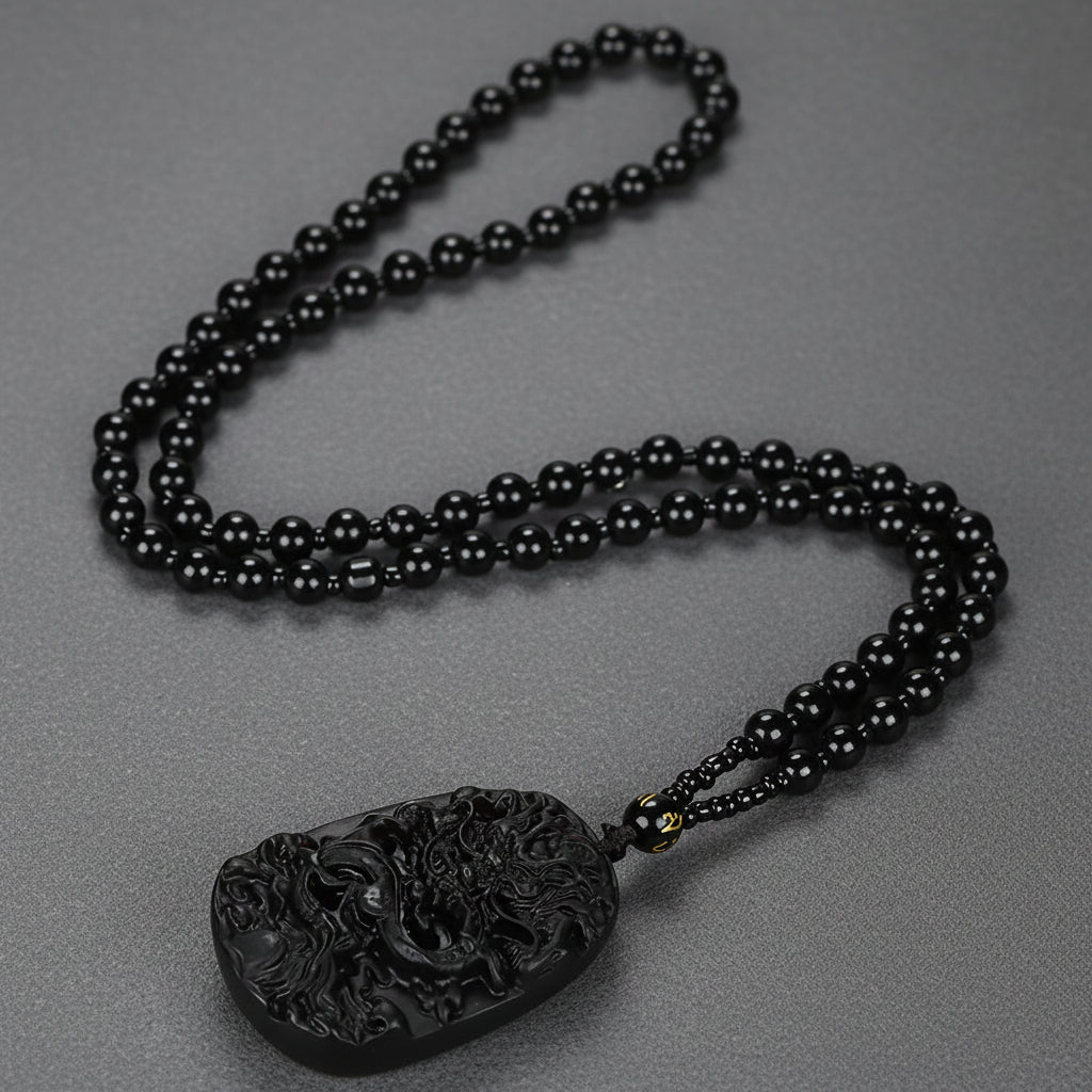 Vintage Dragon Pendant Necklace for Men - Black Resin Chameleon Amulet with Purple Light Effect