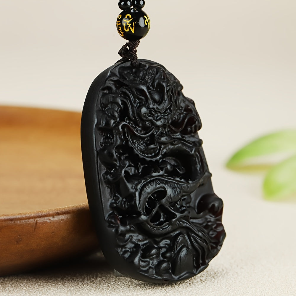 Vintage Dragon Pendant Necklace for Men - Black Resin Chameleon Amulet with Purple Light Effect