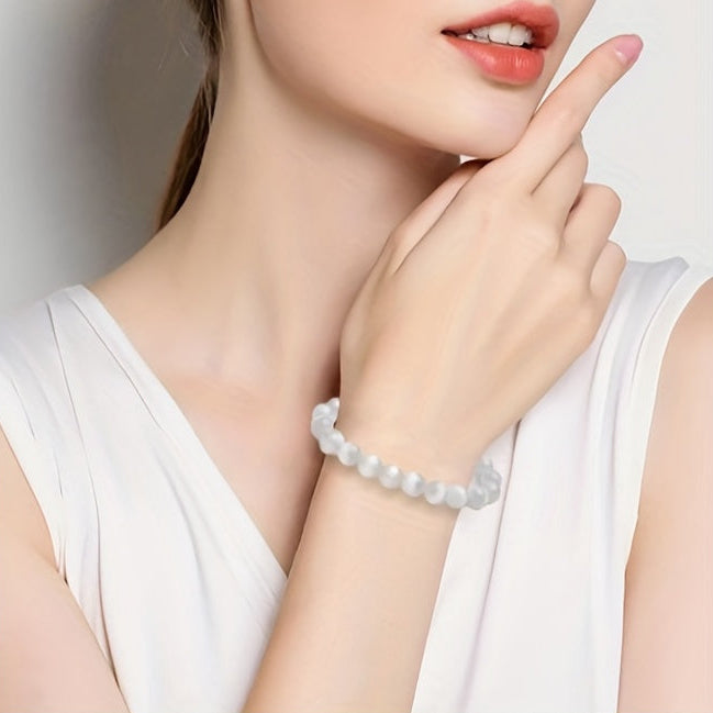 White Cat's Eye Stone Stretch Bracelet for Yoga, Meditation, and Positive Energy